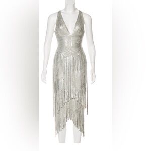 Hervé Léger Metallic Fringe Dress – Silver (Size S)